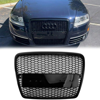 2004-2011 Audi A6 C6 Honeycomb Grill Front Bumper RS Style Black Replacement Grille With Sensor Hole