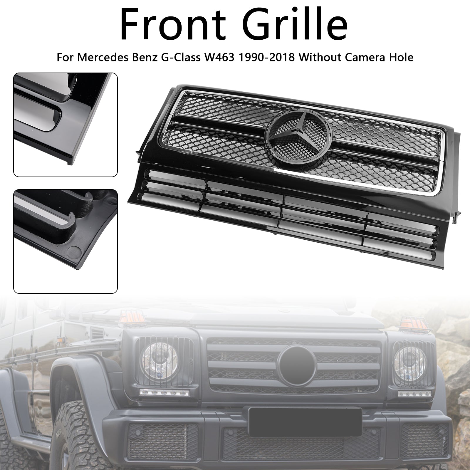 Mercedes Benz Classe G W463 1990-2018 Grille d'admission d'air noire chromée Grille de radiateur de pare-chocs avant avec emblème étoile