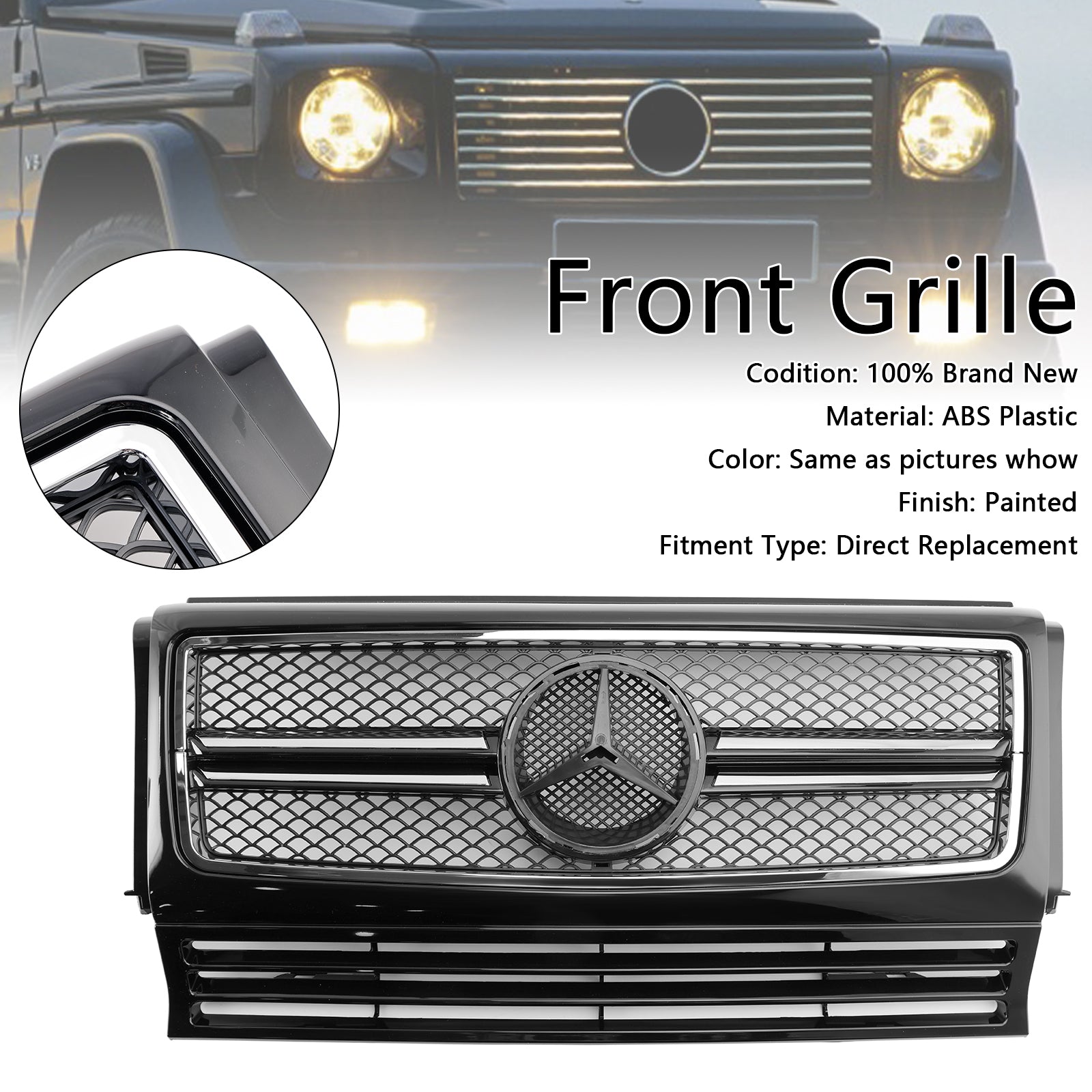 Mercedes Benz Classe G W463 1990-2018 Grille d'admission d'air noire chromée Grille de radiateur de pare-chocs avant avec emblème étoile