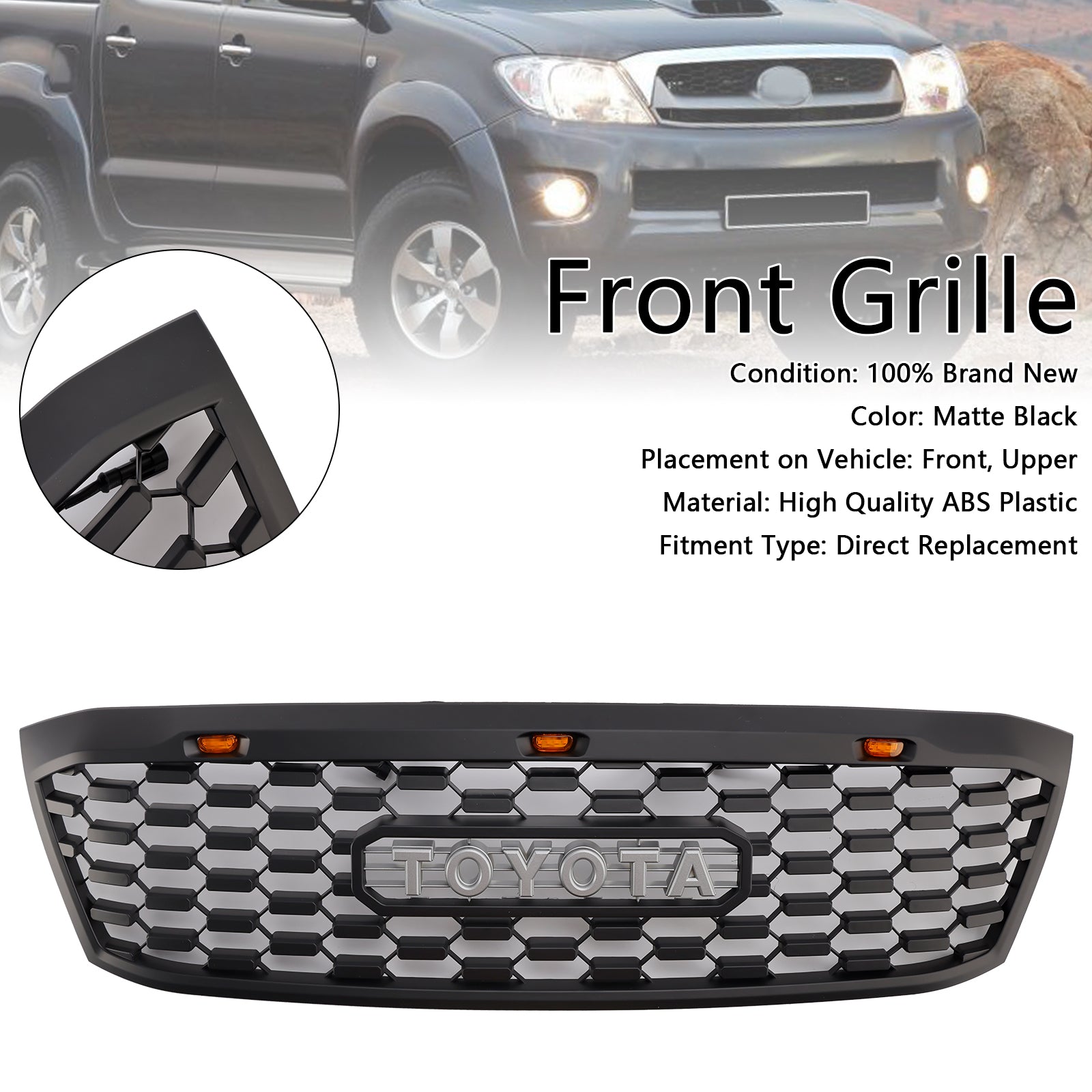 Grille de pare-chocs avant en nid d'abeille noir mat pour Toyota Hilux N70 2005-2011 avec LED + lettre