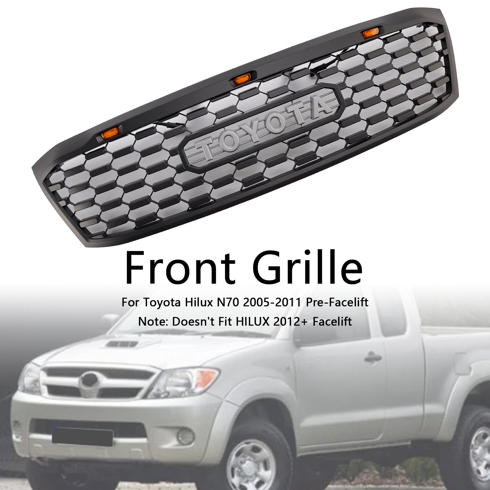 2005-2011 Toyota Hilux N70 Front Grill Honeycomb Matte Black Front Bumper Grille W/ LED + Letter