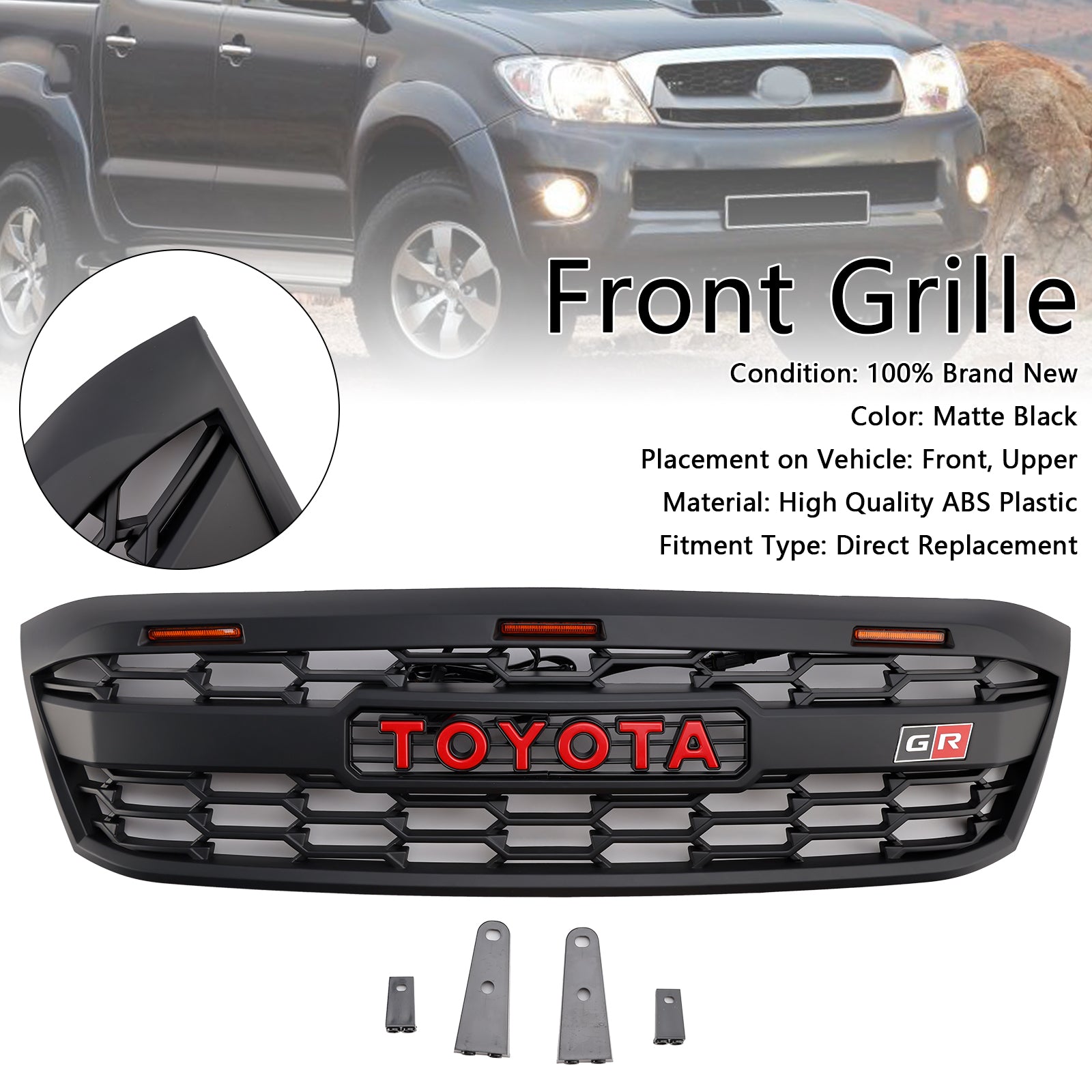 Toyota Hilux 2005-2011 N70 GR Style Grill Front Bumper Matte Black Replacement Grille W/ LED + Red Letter