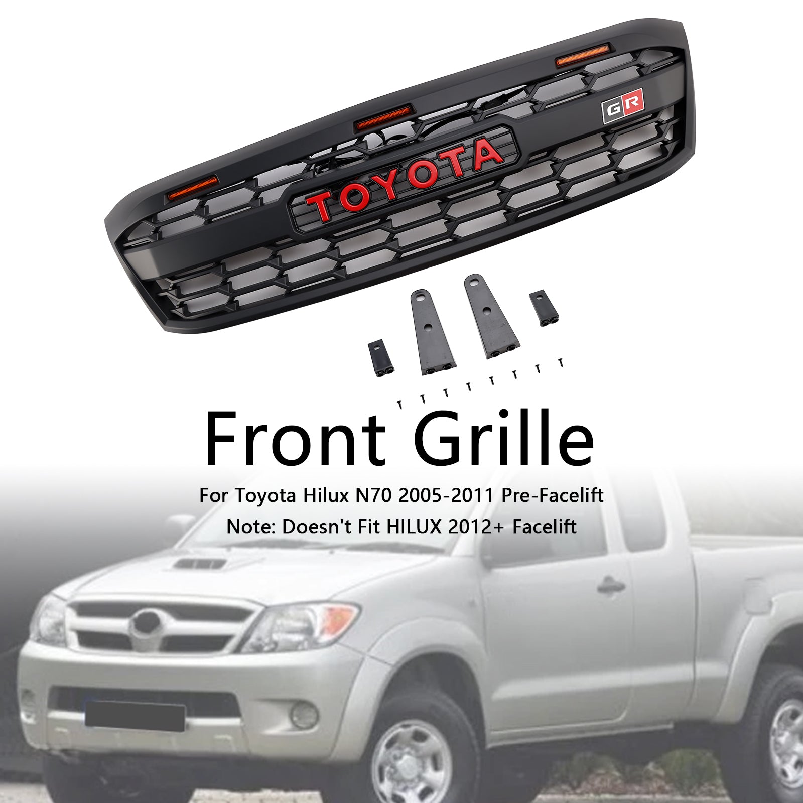 Grille de pare-chocs avant de style Toyota Hilux 2005-2011 N70 GR, grille de remplacement noire mate avec LED + lettre rouge