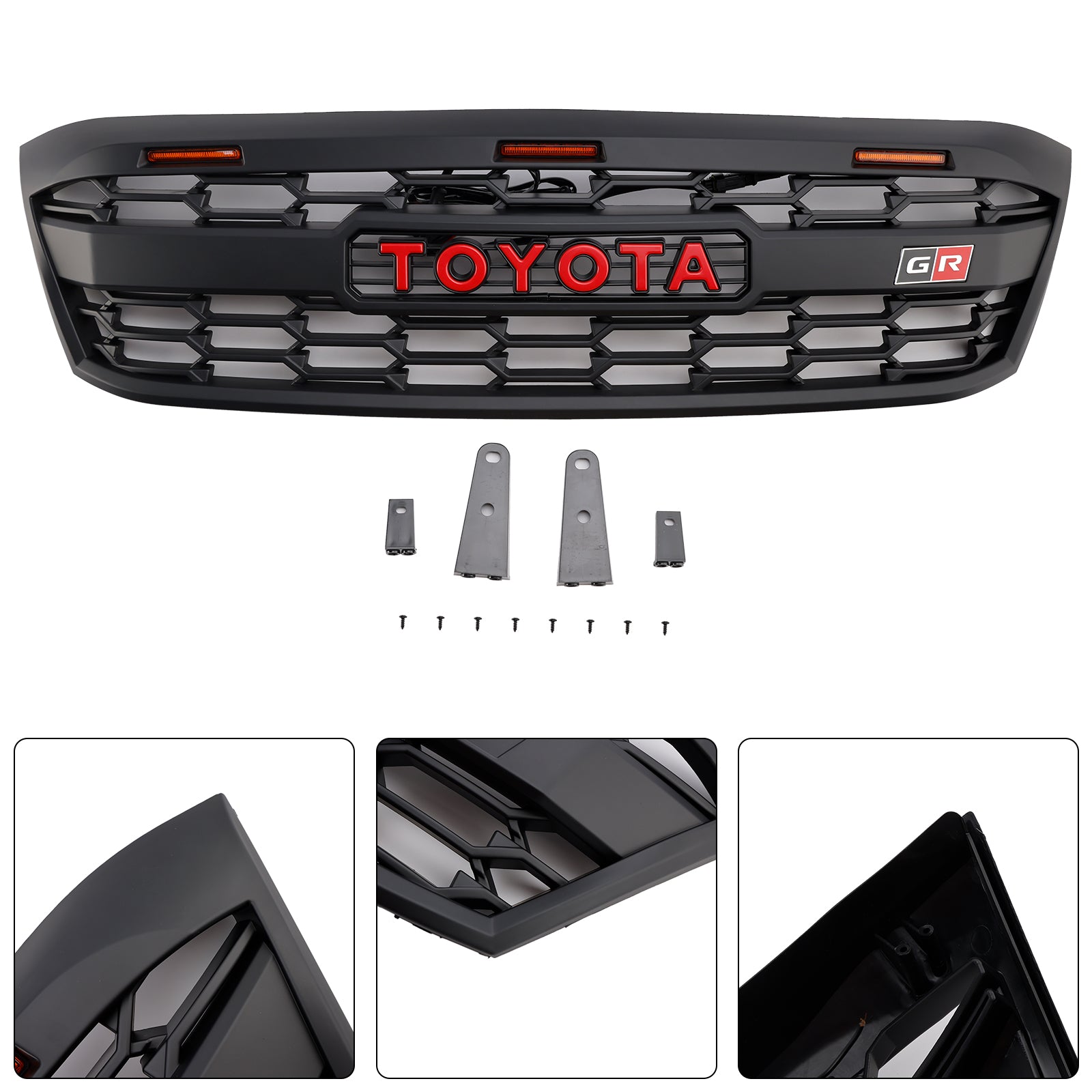 Parachoques delantero estilo GR N70 para Toyota Hilux 2005-2011, rejilla de repuesto negra mate con LED y letras rojas