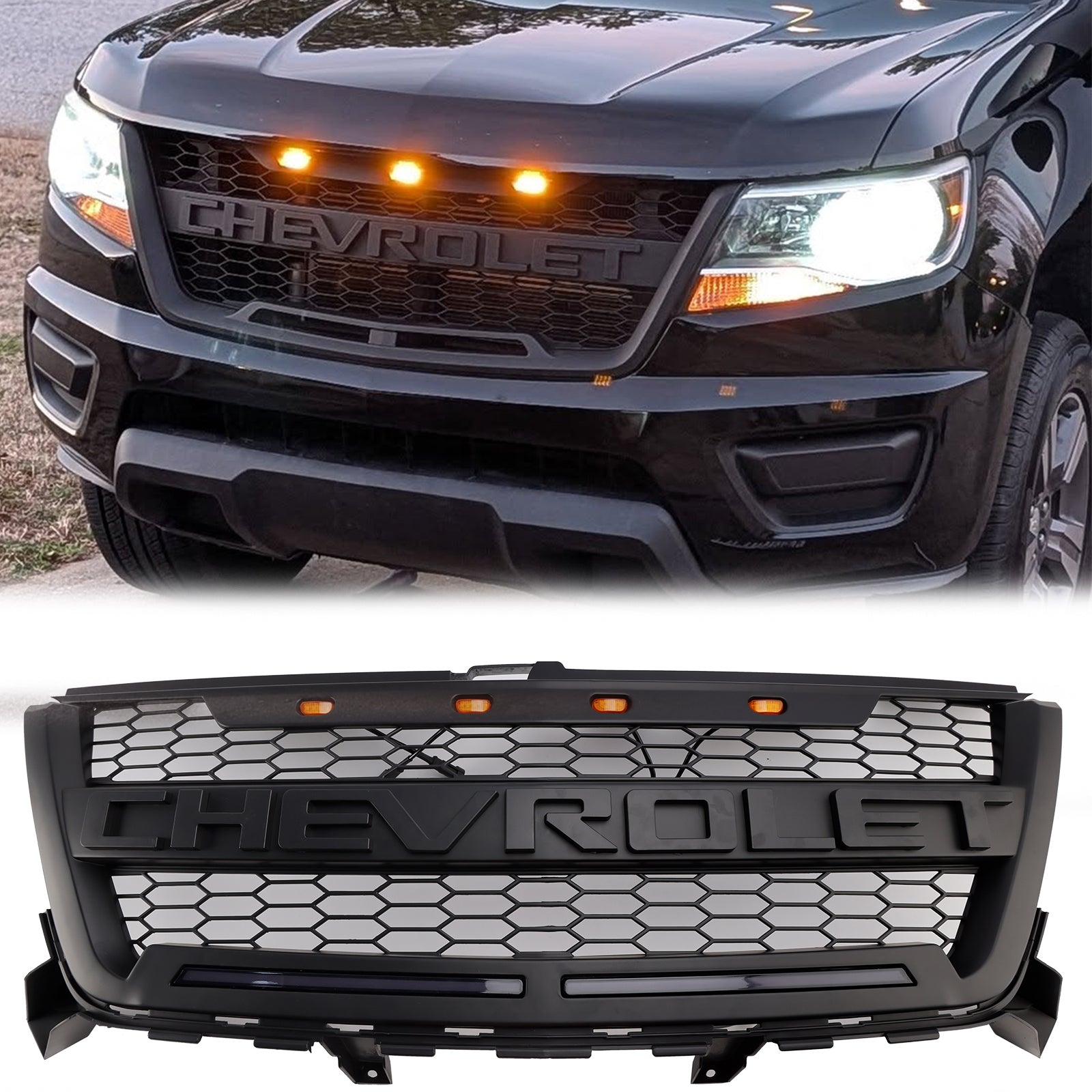 Chevy Colorado 2016-2020 Honecomb Grille Front Bumper Black Replacement Grill W/ LED Light