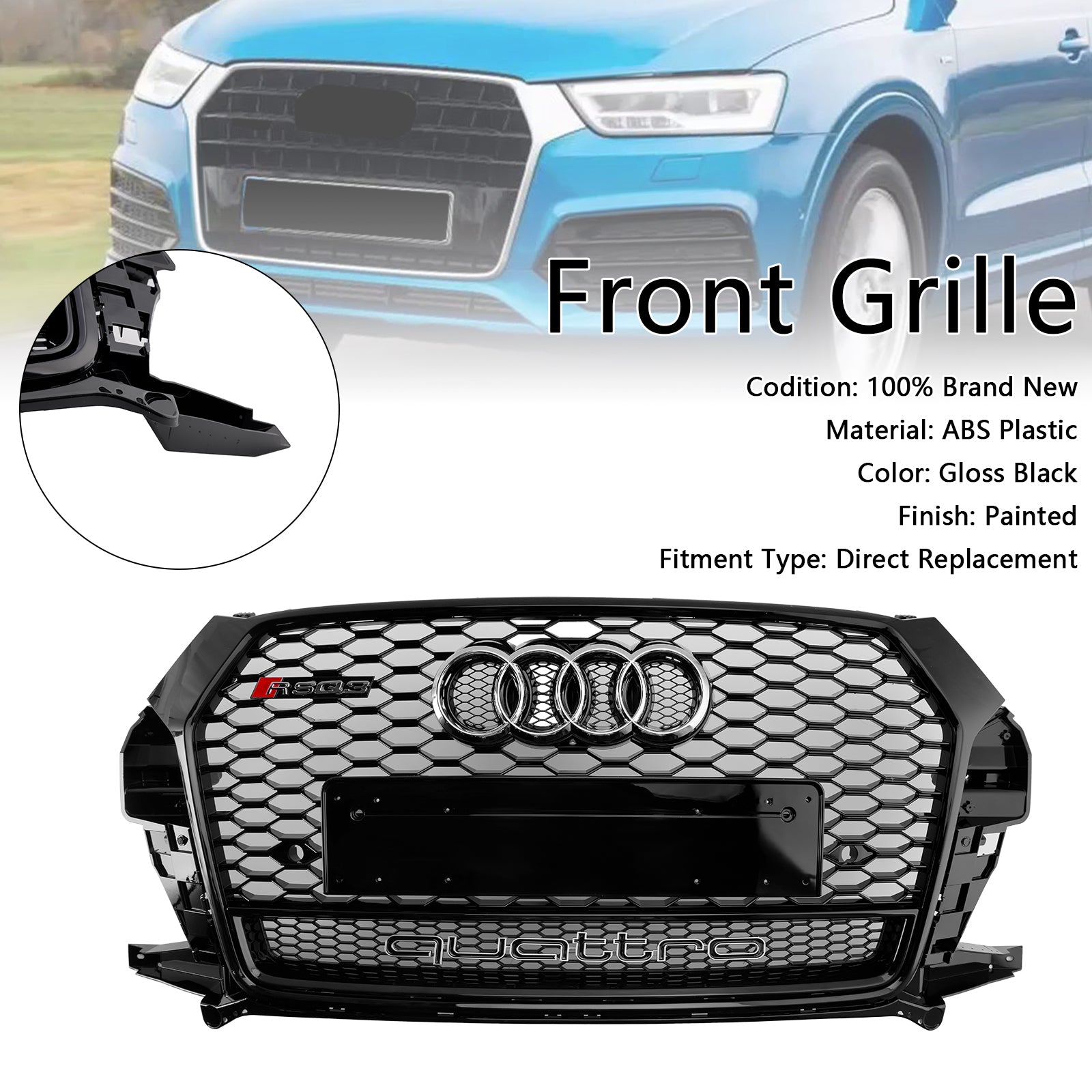 Grille de pare-chocs avant en nid d'abeille de style Audi Q3 / SQ3 RSQ3 2016-2018, calandre noire de remplacement avec emblème annulaire