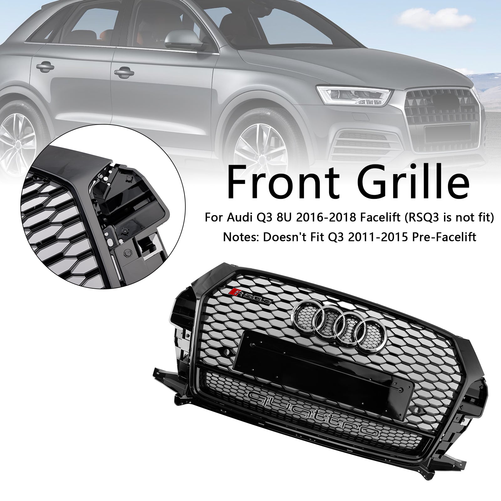 Grille de pare-chocs avant en nid d'abeille de style Audi Q3 / SQ3 RSQ3 2016-2018, calandre noire de remplacement avec emblème annulaire