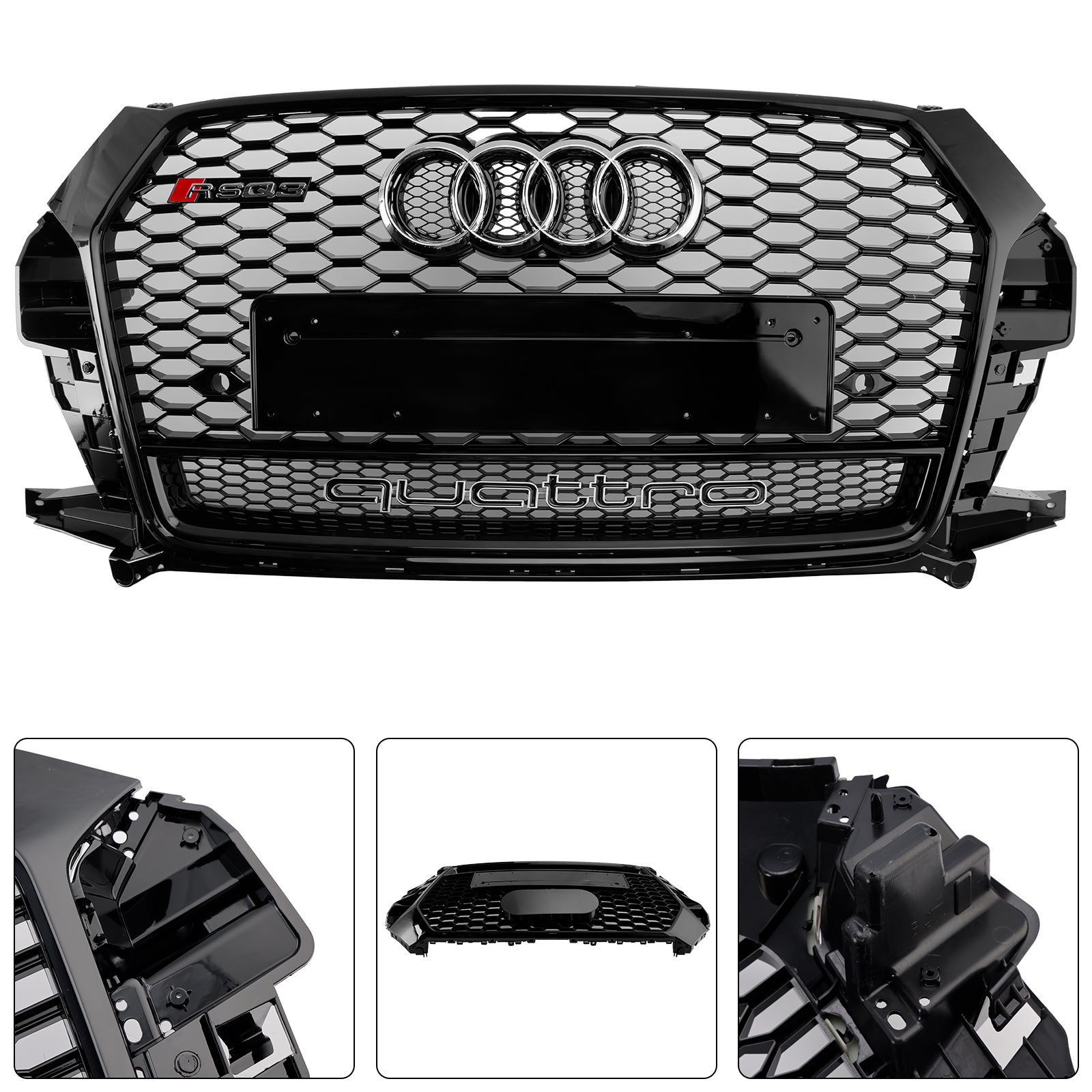 Grille de pare-chocs avant en nid d'abeille de style Audi Q3 / SQ3 RSQ3 2016-2018, calandre noire de remplacement avec emblème annulaire