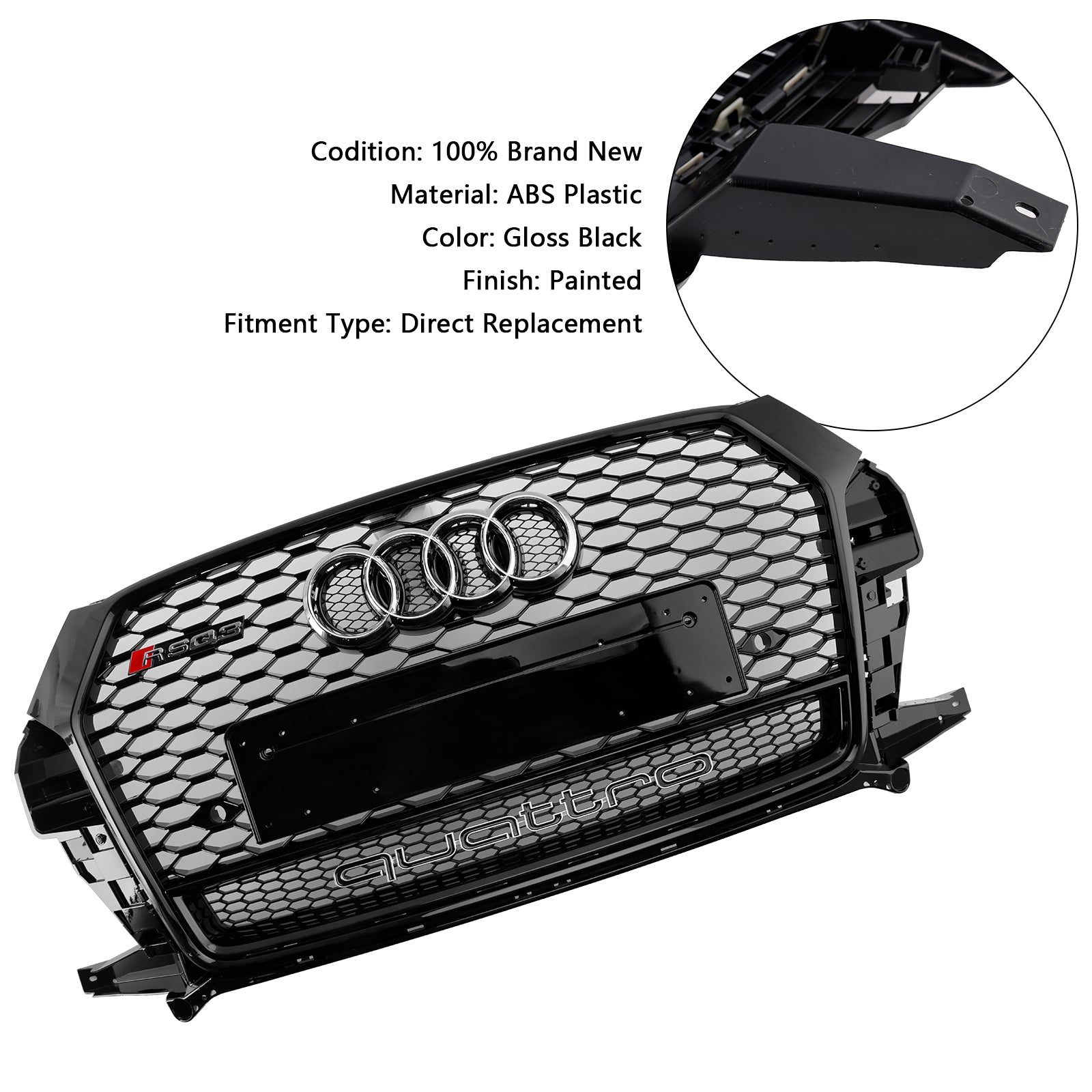Grille de pare-chocs avant en nid d'abeille de style Audi Q3 / SQ3 RSQ3 2016-2018, calandre noire de remplacement avec emblème annulaire