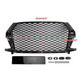 Parrilla de panal estilo Audi Q3/SQ3 RSQ3 2016-2018, repuesto de parachoques delantero, parrilla negra con emblema de anillo - 0