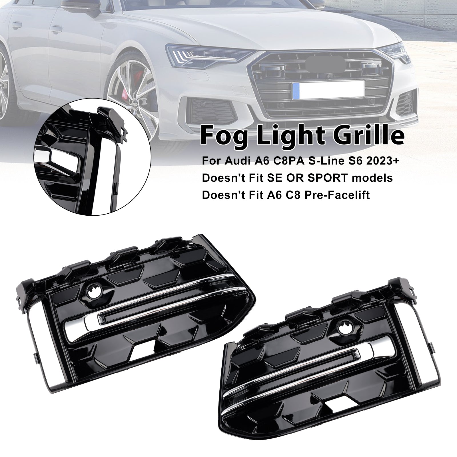 2023-2025 Audi A6 S Line/S6 C8 Facelift Paraurti anteriore Griglia inferiore 2 pezzi Griglia fendinebbia Griglia di copertura nera
