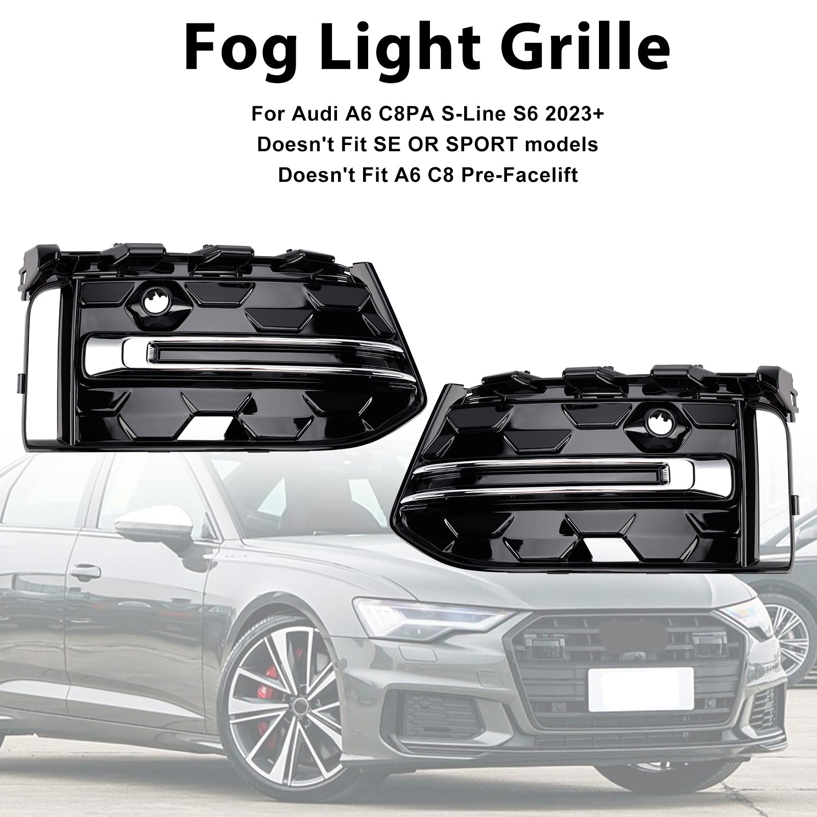 2023-2025 Audi A6 S Line/S6 C8 Facelift Paraurti anteriore Griglia inferiore 2 pezzi Griglia fendinebbia Griglia di copertura nera