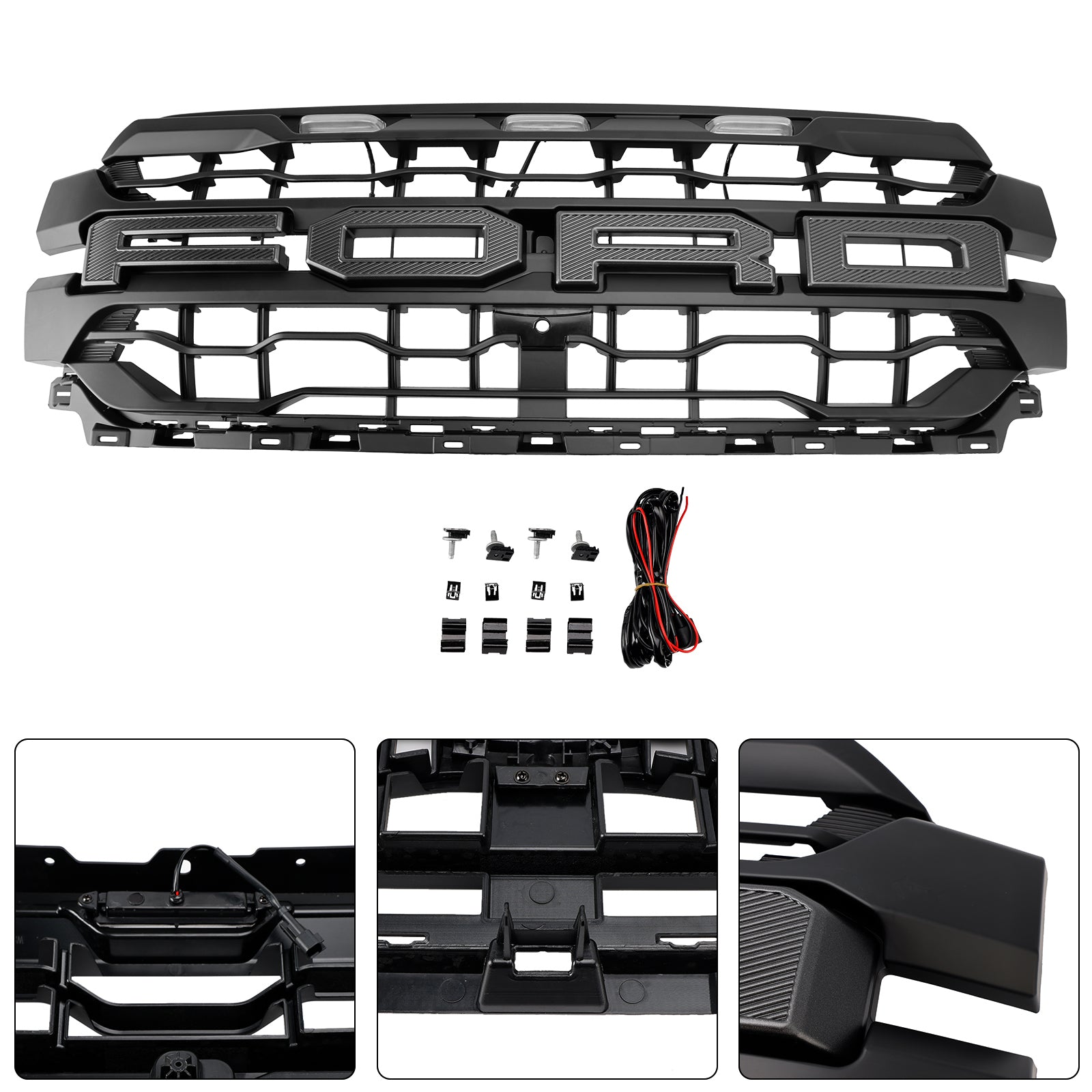 2024-2025 Ford F150 Raptor Style Front Grill Upper Bumper Black Grille W/ LED Light & Letter