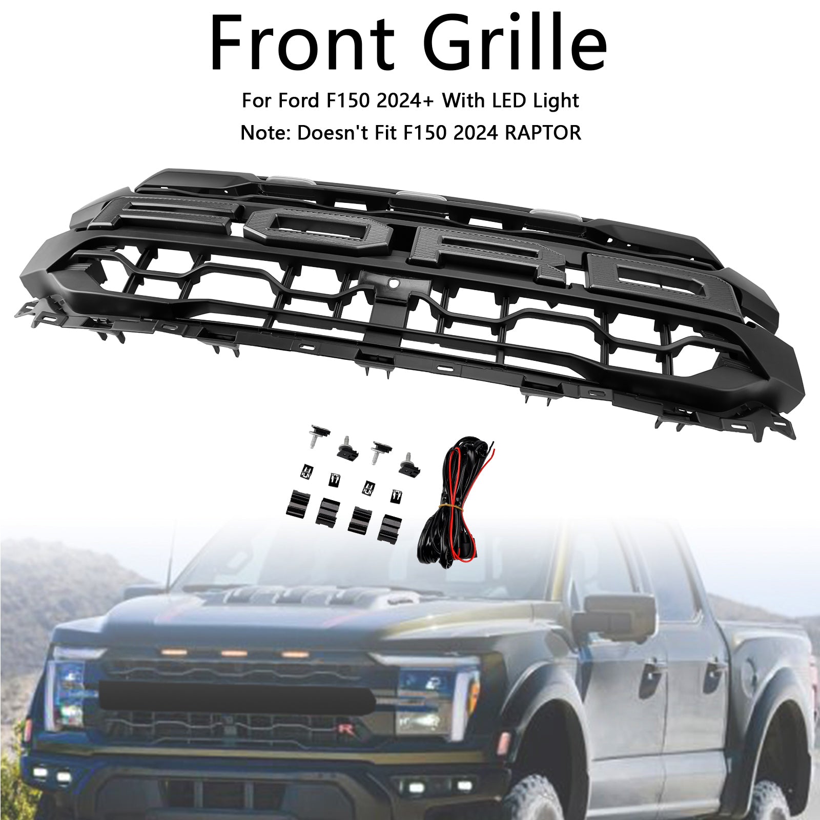 2024-2025 Ford F150 Raptor Style Front Grill Upper Bumper Black Grille W/ LED Light & Letter