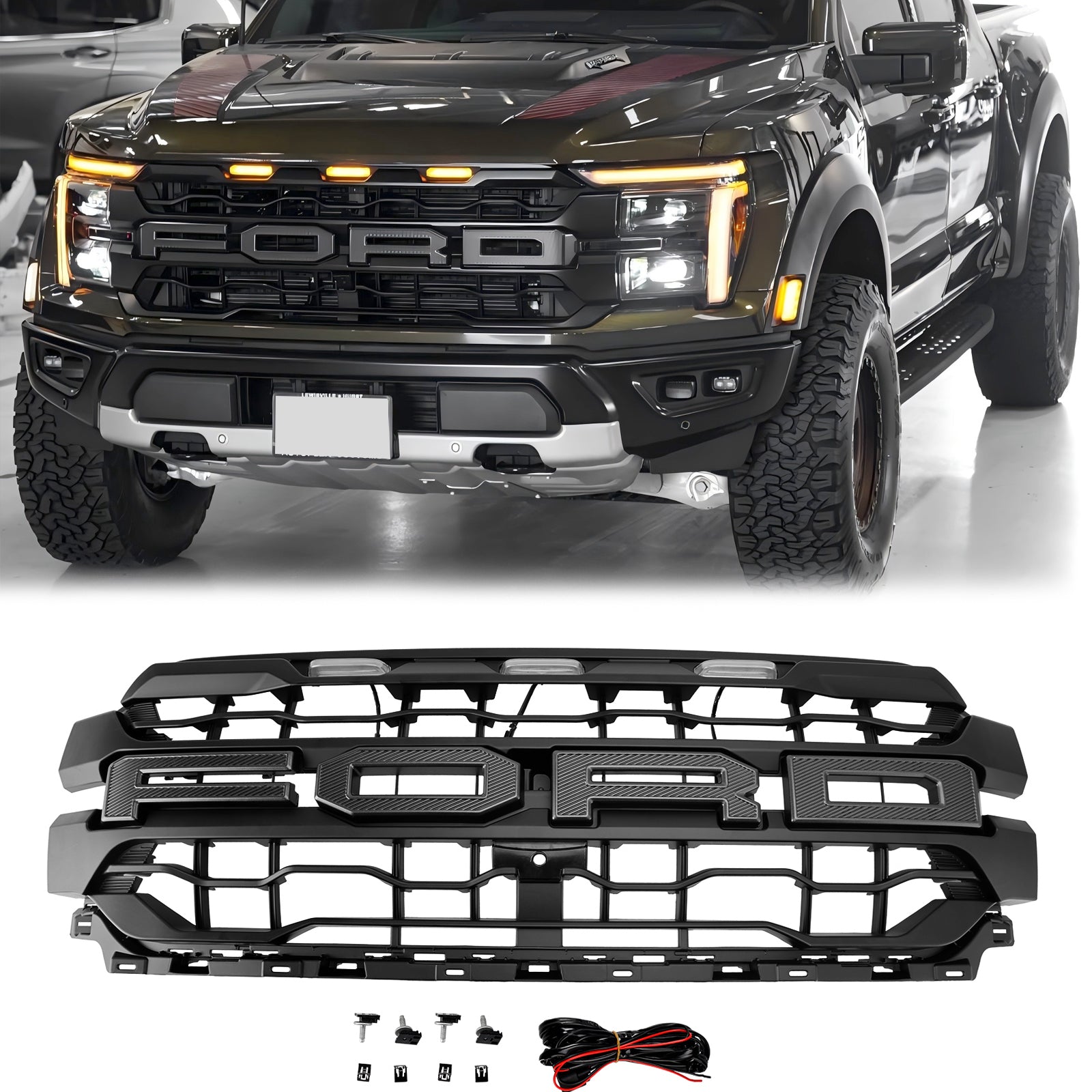 2024-2025 Ford F150 Raptor Style Front Grill Upper Bumper Black Grille W/ LED Light & Letter