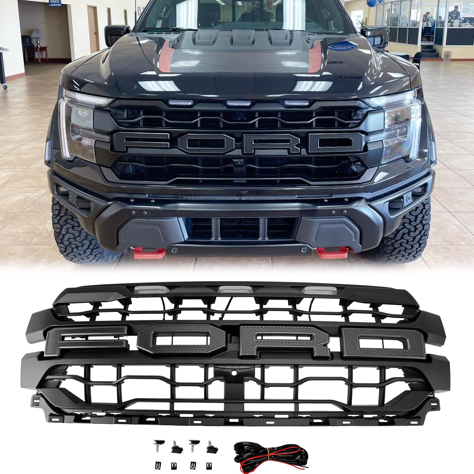 2024-2025 Ford F150 Raptor Style Front Grill Upper Bumper Black Grille W/ LED Light & Letter