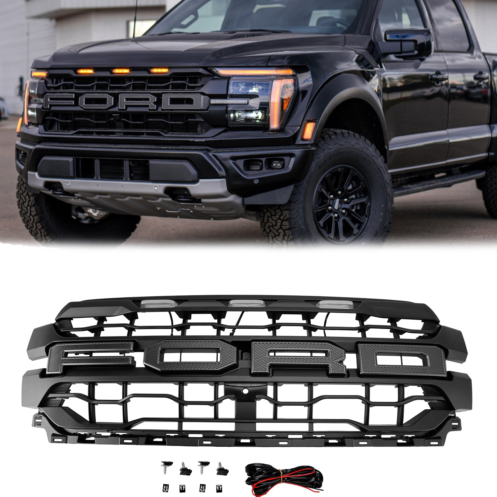 Raptor Style Grill For 2024-2025 Ford F150 Front Bumper Black Replacement Grille W/ LED Light