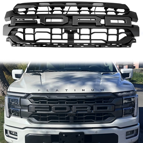 Raptor Style Grill For 2024-2026 Ford F150 Front Bumper Black Replacement Grille W/ LED Light