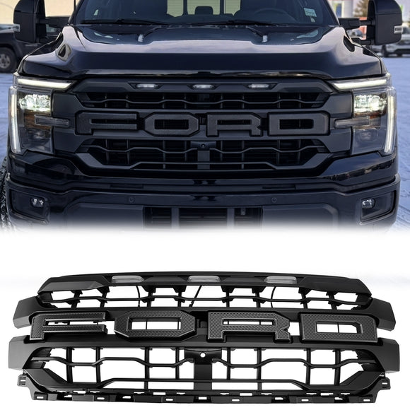 Raptor Style Grill For 2024-2026 Ford F150 Front Bumper Black Replacement Grille W/ LED Light