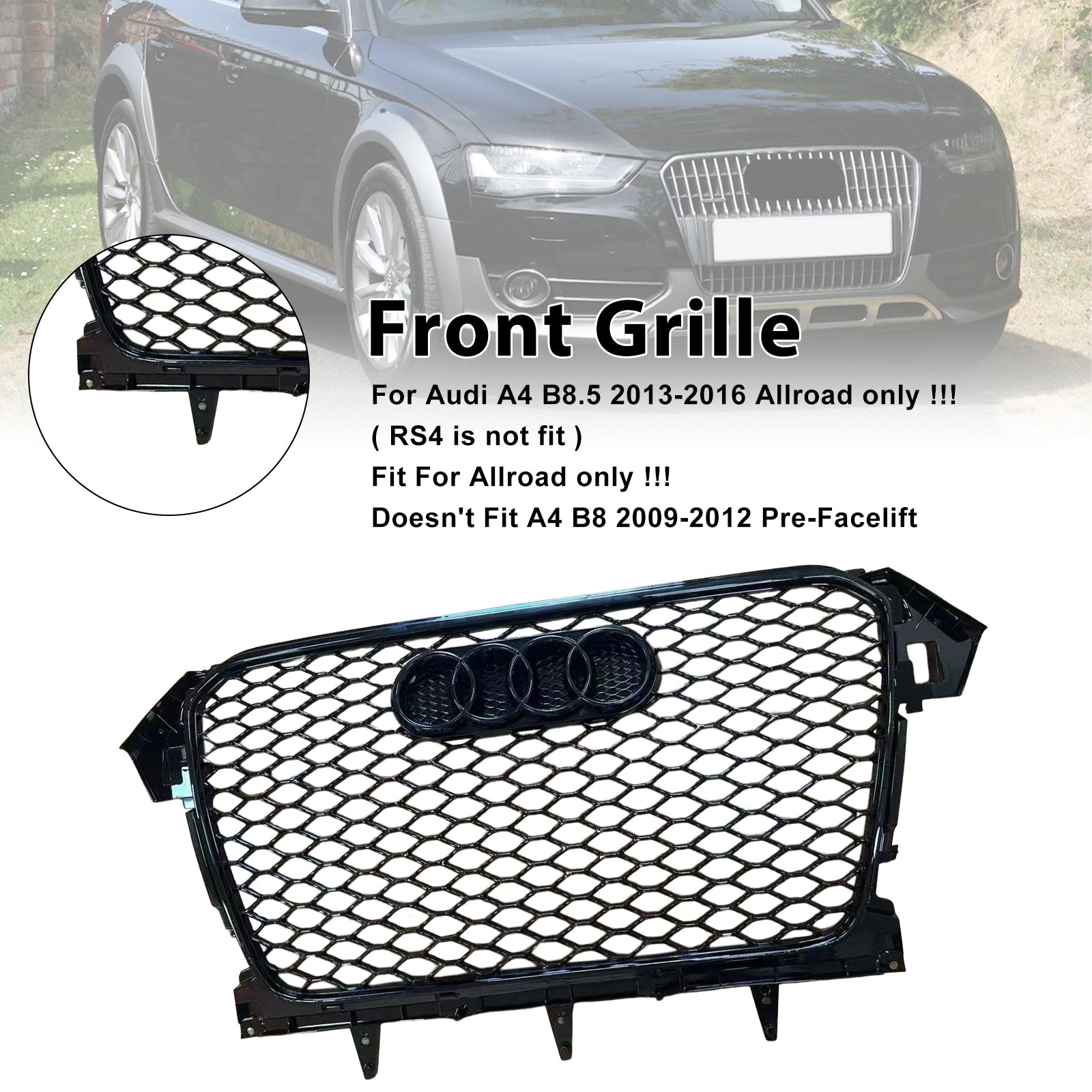 RS4 Style Grill für 2013-2016 Audi A4 B8.5 Allroad Front Stoßstange Schwarzer Kühlergrill mit Ring-Emblem - 0
