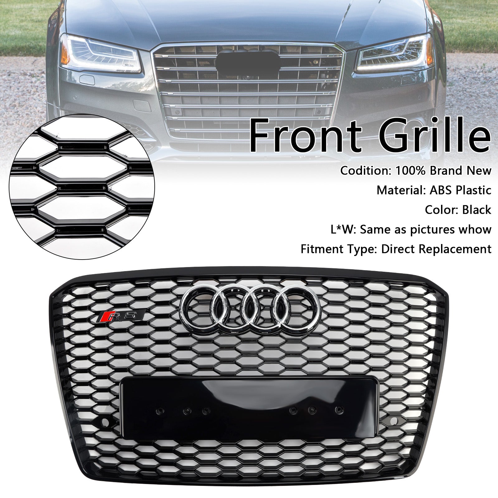 2015-2017 Audi A8 S8 RS Style Honeycomb Grille Front Bumper Black Grill W/ Ring Emblem