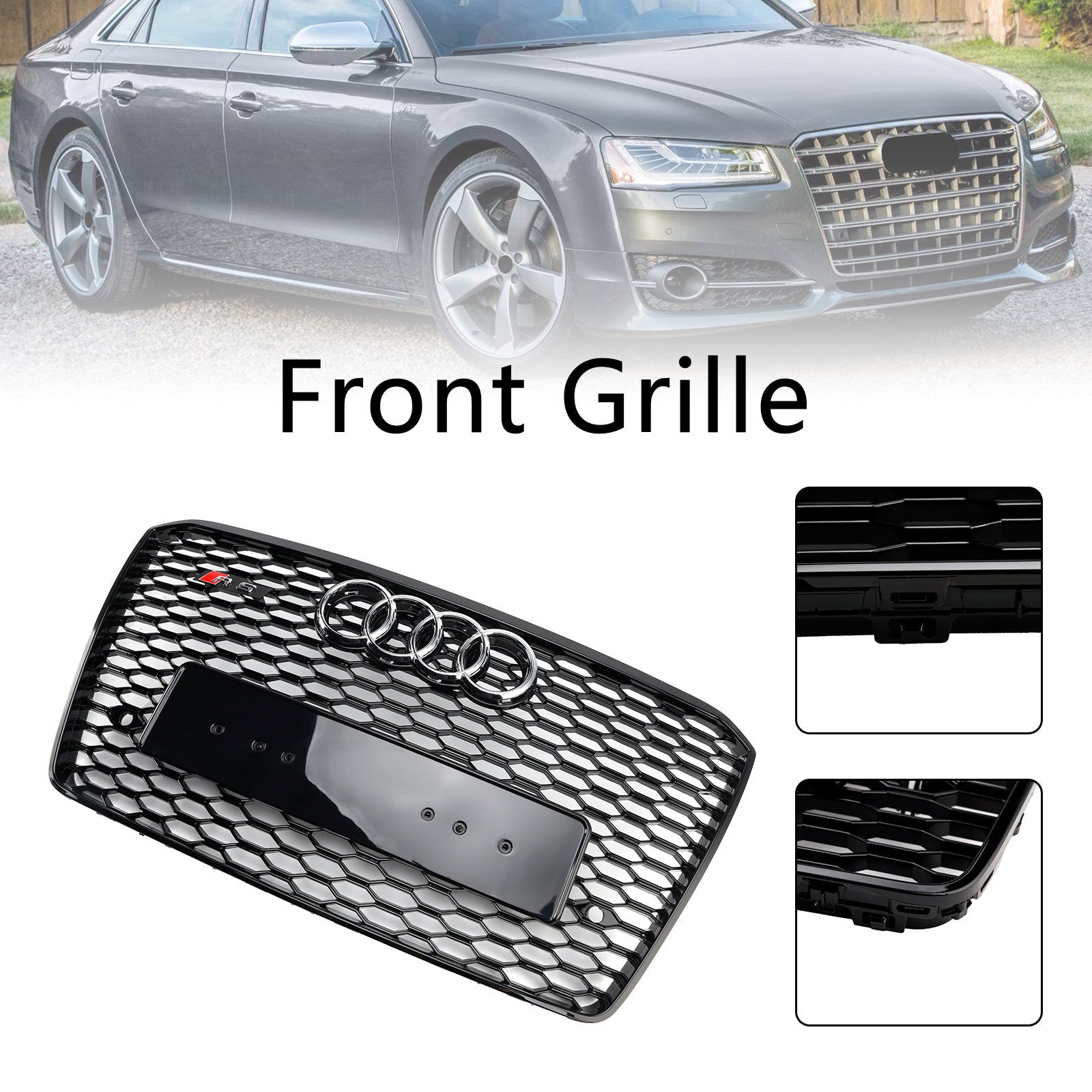 2015-2017 Audi A8 S8 RS Style Honeycomb Grille Front Bumper Black Grill W/ Ring Emblem