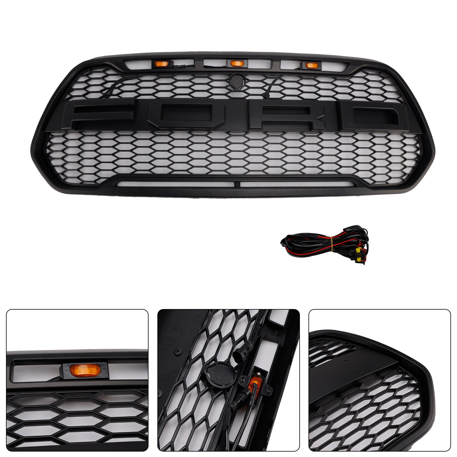 Ford Transit 150 250 350 350H 2015-2019 Parrilla delantera Raptor Parachoques delantero negro Parrilla de panal con LED