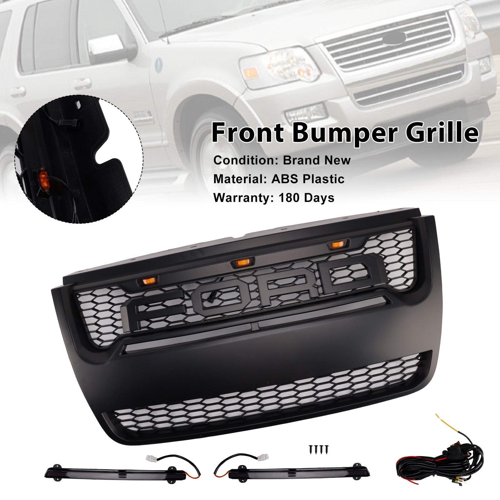 Parrilla de repuesto negra para parachoques delantero estilo Raptor Ford Explorer 2006-2010 con luz LED