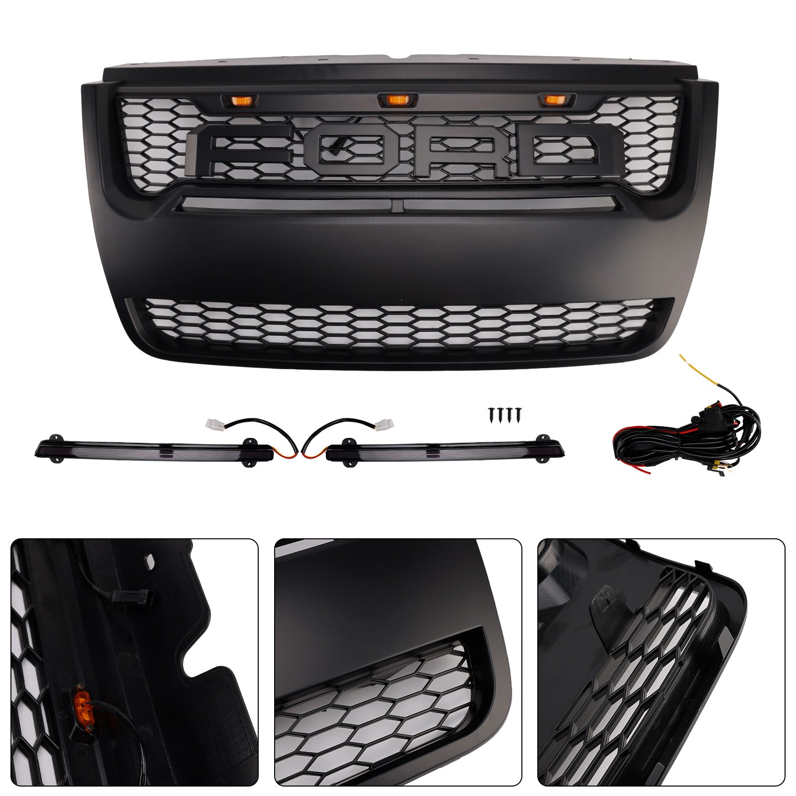 Parrilla de repuesto negra para parachoques delantero estilo Raptor Ford Explorer 2006-2010 con luz LED