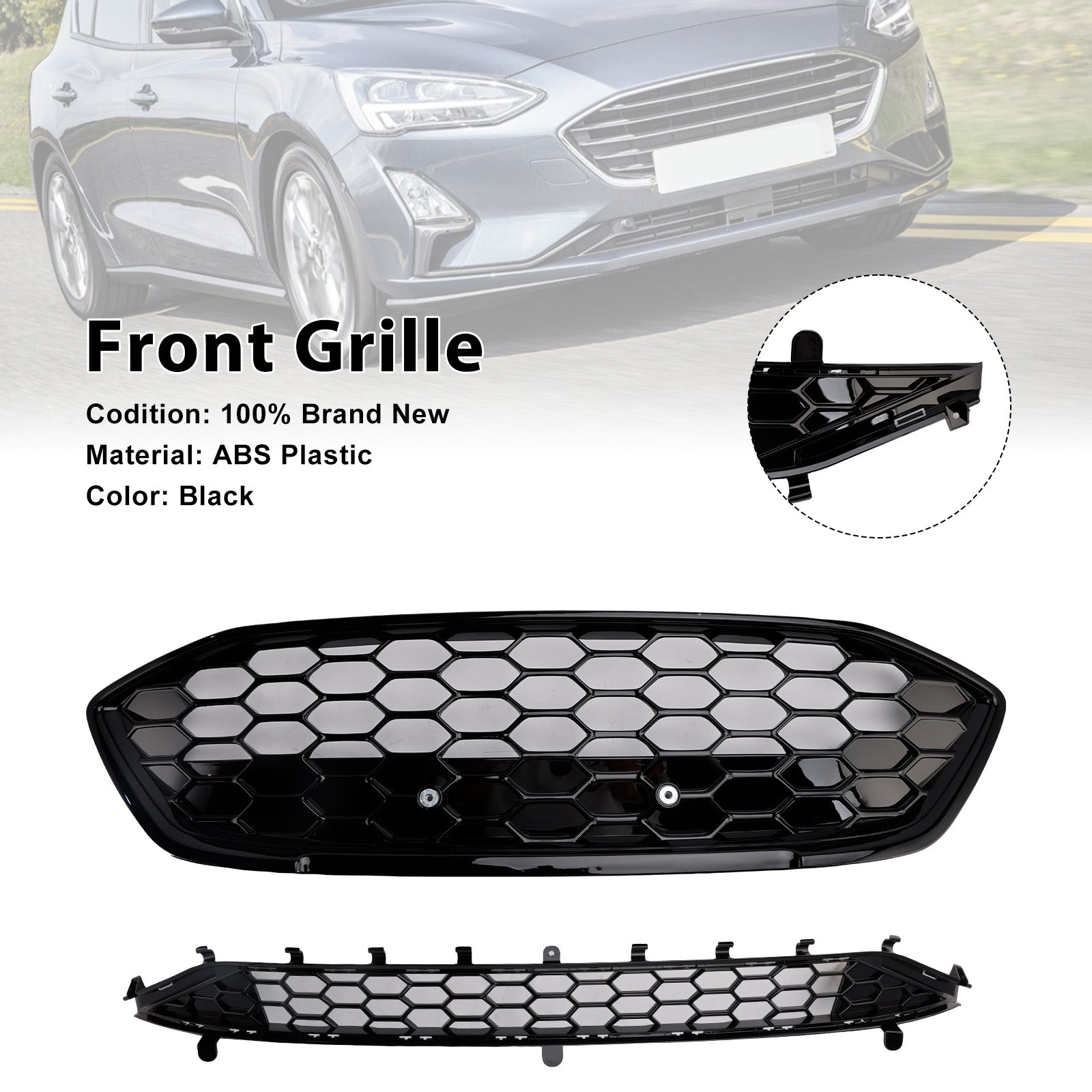 2018-2021 Ford Focus MK4 ST Style Black Grill Honeycomb Front Bumper Grill Lower Grill Set