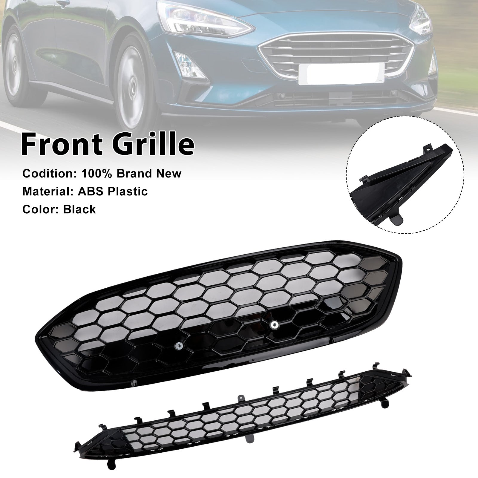 2018-2021 Ford Focus MK4 ST Style Black Grill Honeycomb Front Bumper Grill Lower Grill Set