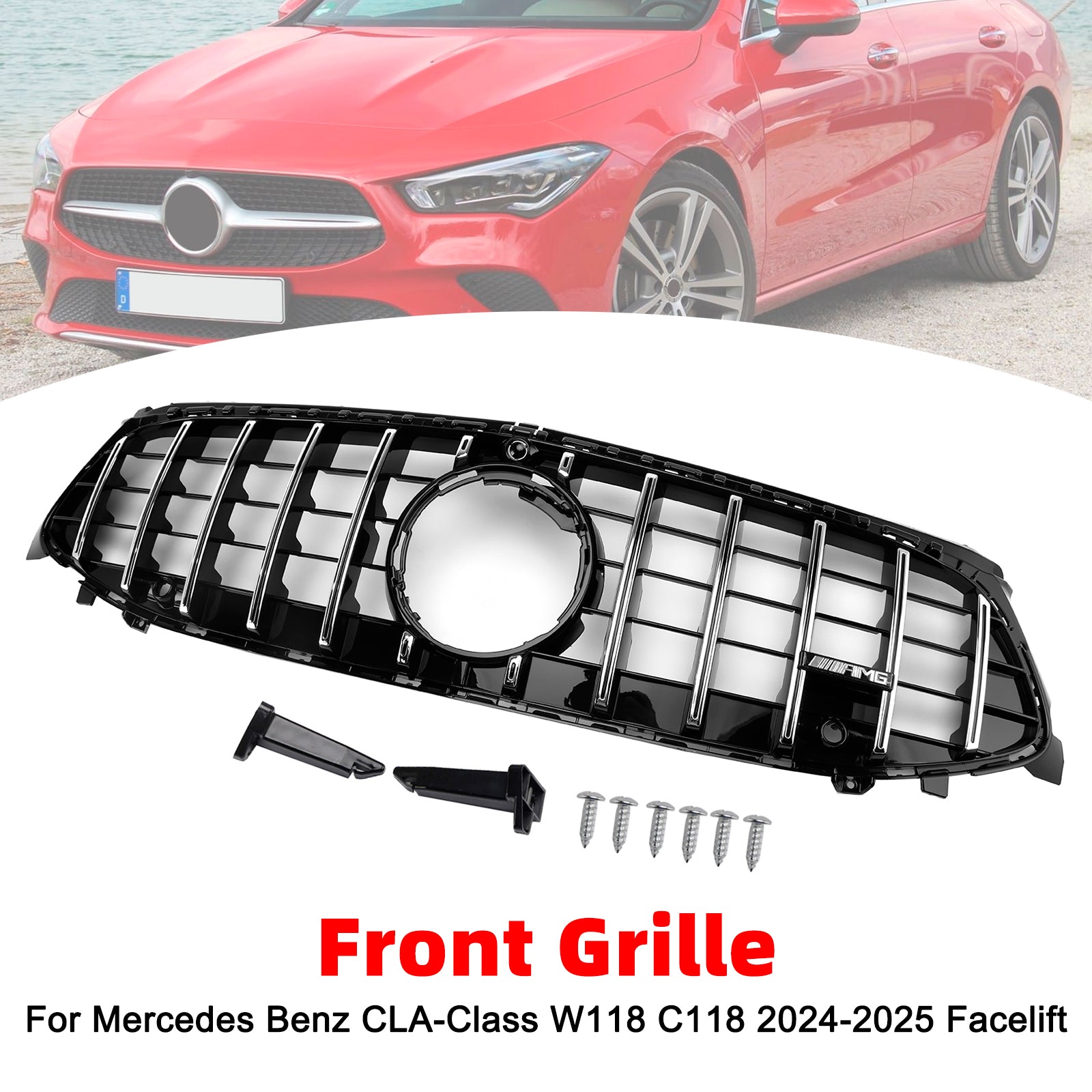 Mercedes Benz Classe CLA 2024-2025 W118 Griglia paraurti anteriore stile C118 GTR, griglia cromata - 0