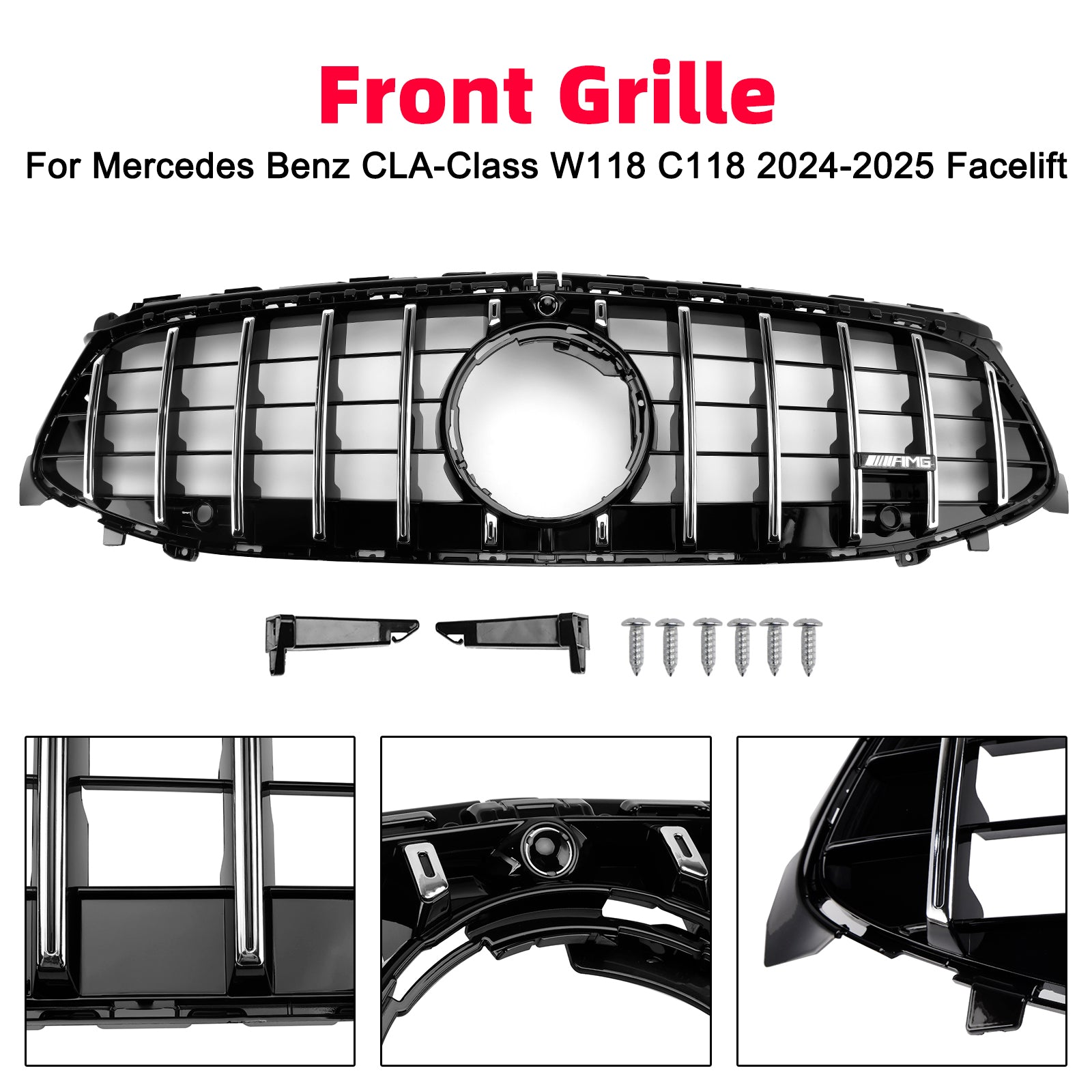 Mercedes Benz Classe CLA 2024-2025 W118 Griglia paraurti anteriore stile C118 GTR, griglia cromata
