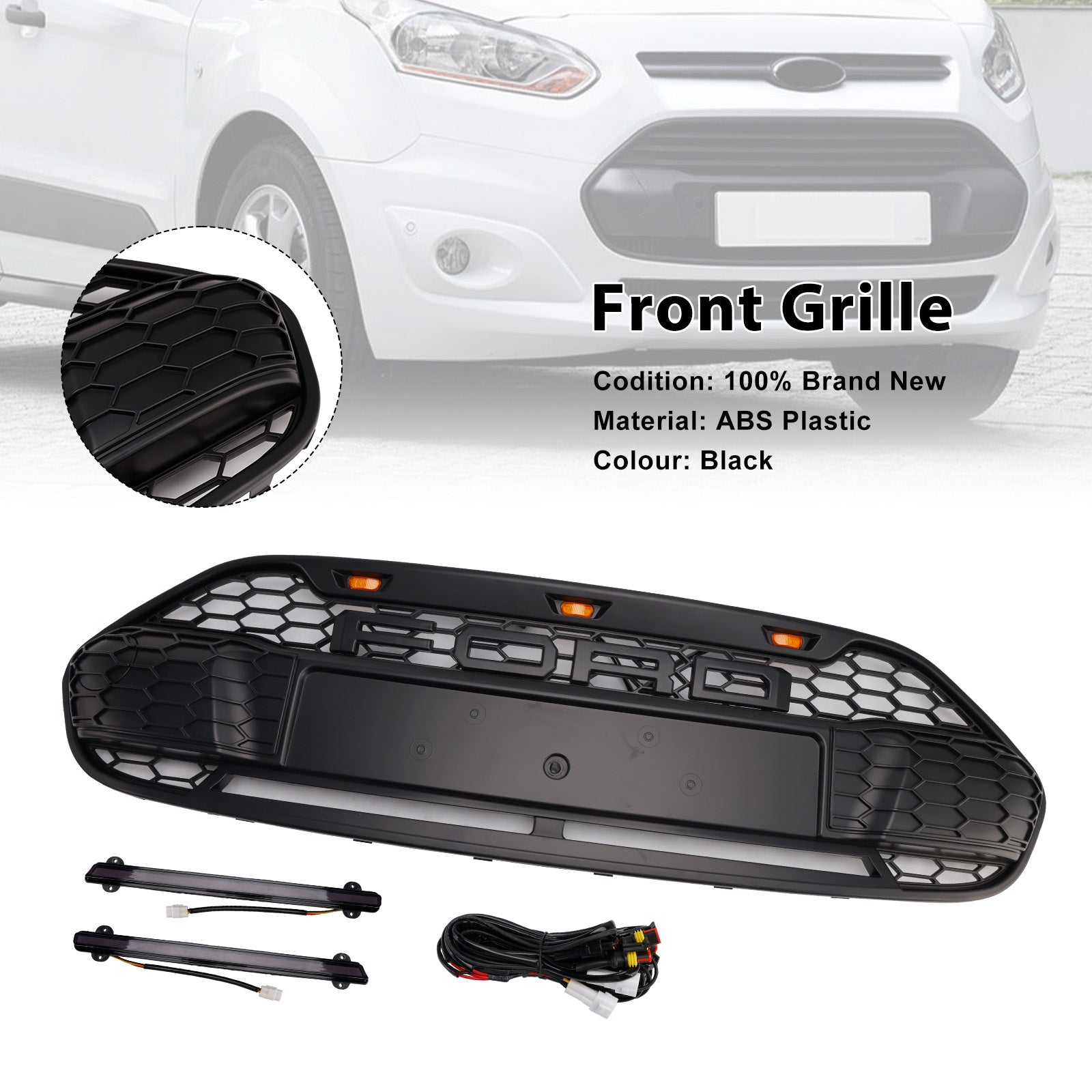 2014-2018 Ford Transit Connect Raptor Style Grill Front Bumper Black Grille W/ LED Light & Letter