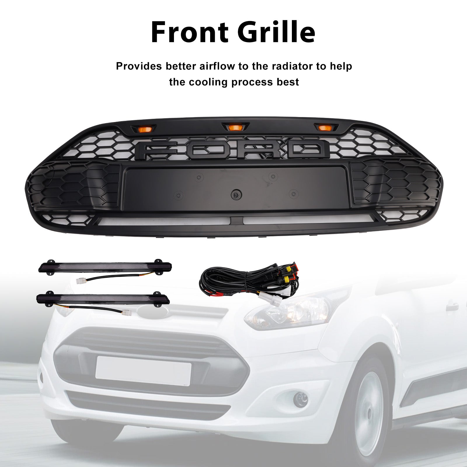 2014-2018 Ford Transit Connect Raptor Style Grill Front Bumper Black Grille W/ LED Light & Letter