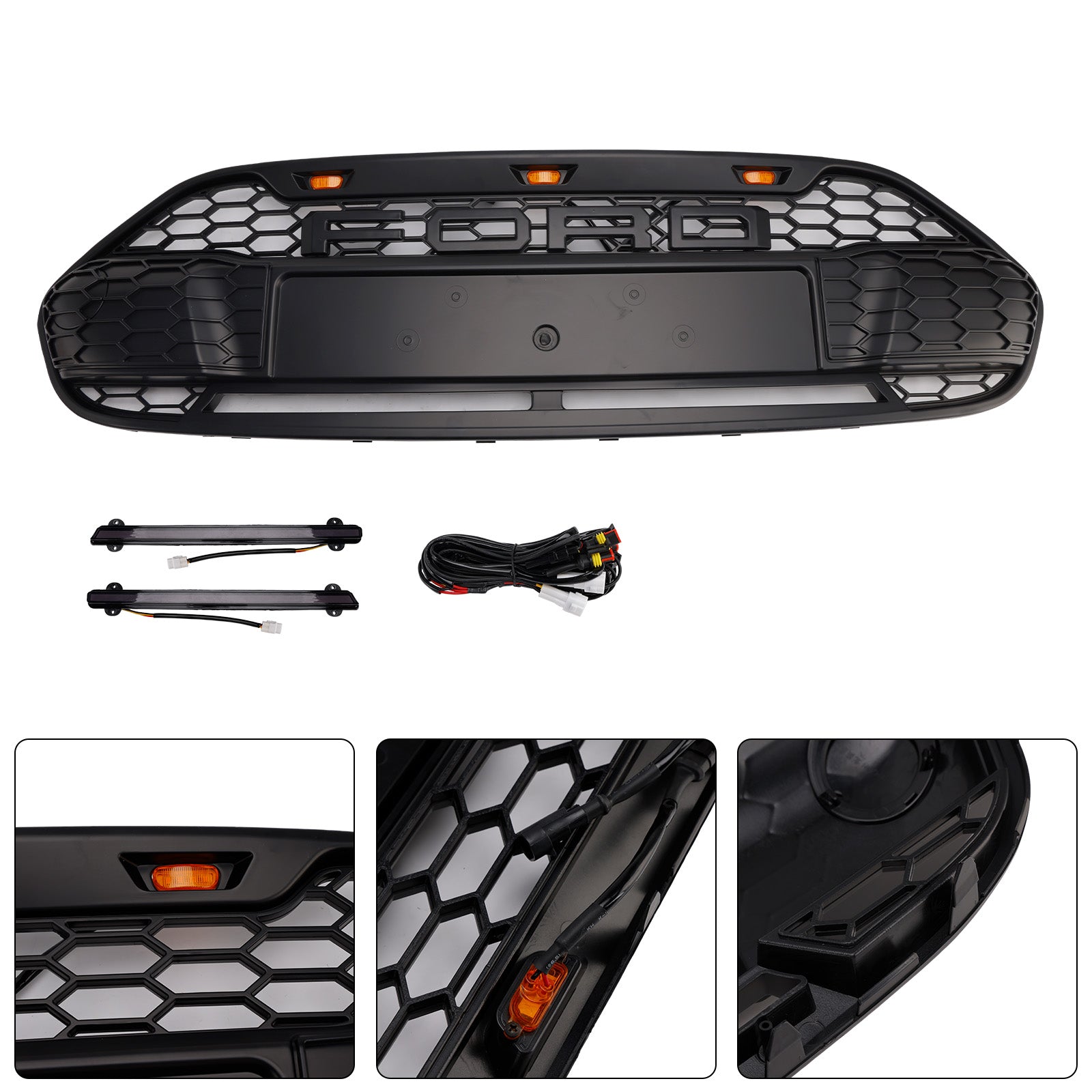 2014-2018 Ford Transit Connect Raptor Style Grill Front Bumper Black Grille W/ LED Light & Letter