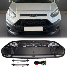 Parrilla delantera estilo Raptor para Ford Transit Connect (2014-2018), color negro, con luz LED. & Carta