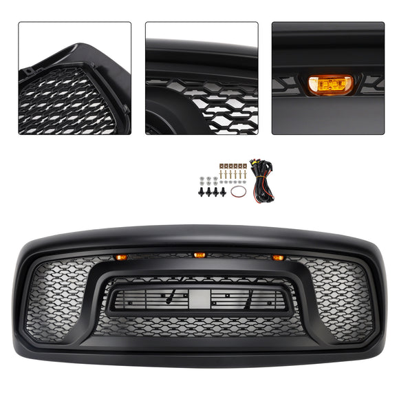 Dodge RAM 1500 2002–2005 Frontgrill Rebel Style Ersatz für obere Stoßstange, schwarzer Kühlergrill mit LED & RAM-Buchstabe