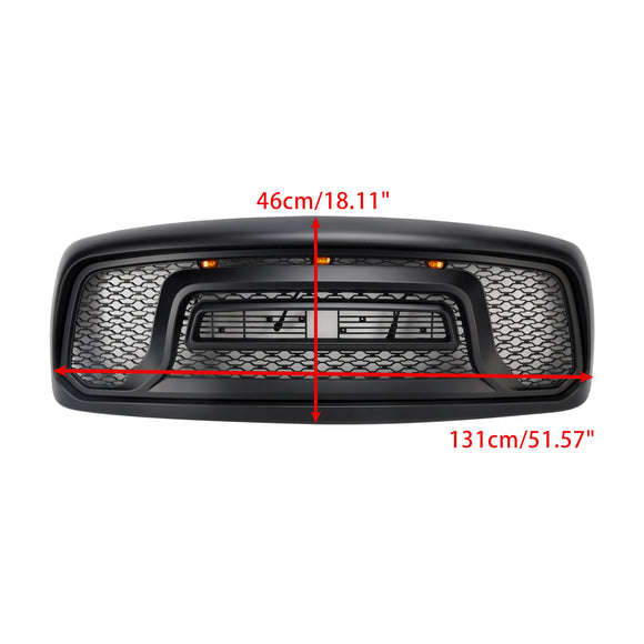 Dodge RAM 1500 2002–2005 Frontgrill Rebel Style Ersatz für obere Stoßstange, schwarzer Kühlergrill mit LED & RAM-Buchstabe