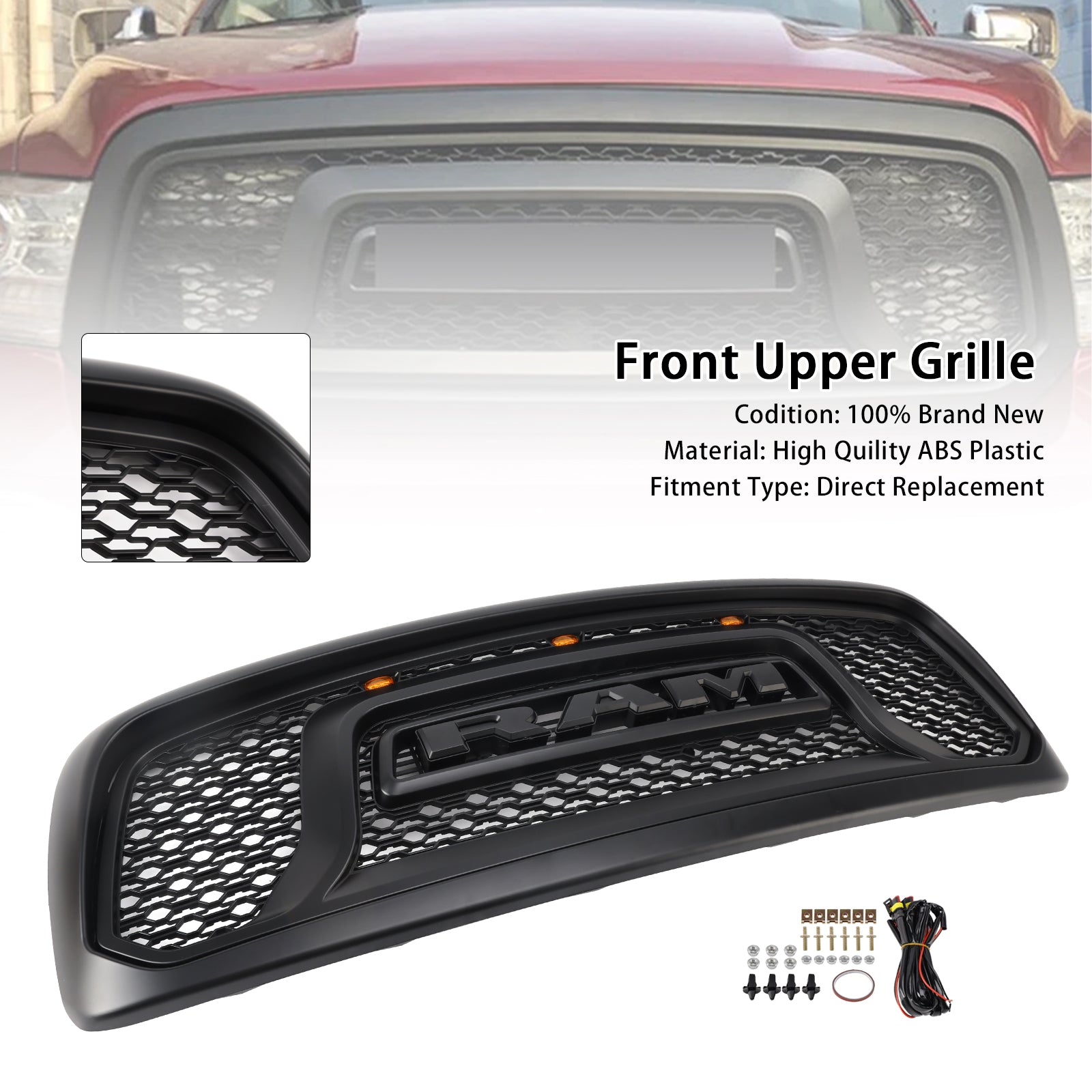 2002-2005 Dodge RAM 1500/2500/3500 Rebel Style Grill Front Bumper Black Replacement Grille W/ LED
