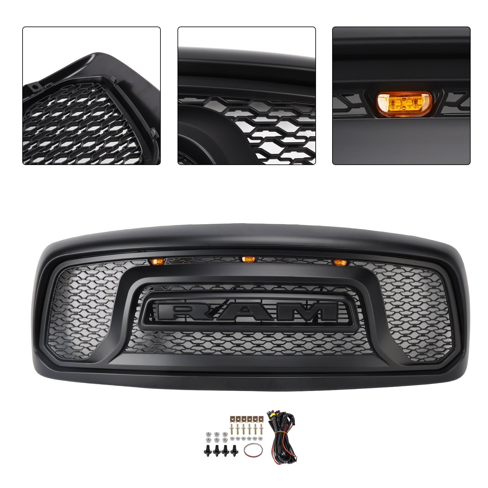 2002-2005 Dodge RAM 1500/2500/3500 Rebel Style Grill Front Bumper Black Replacement Grille W/ LED