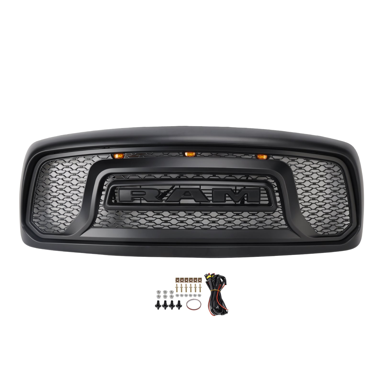 2002-2005 Dodge RAM 1500/2500/3500 Rebel Style Grill Front Bumper Black Replacement Grille W/ LED