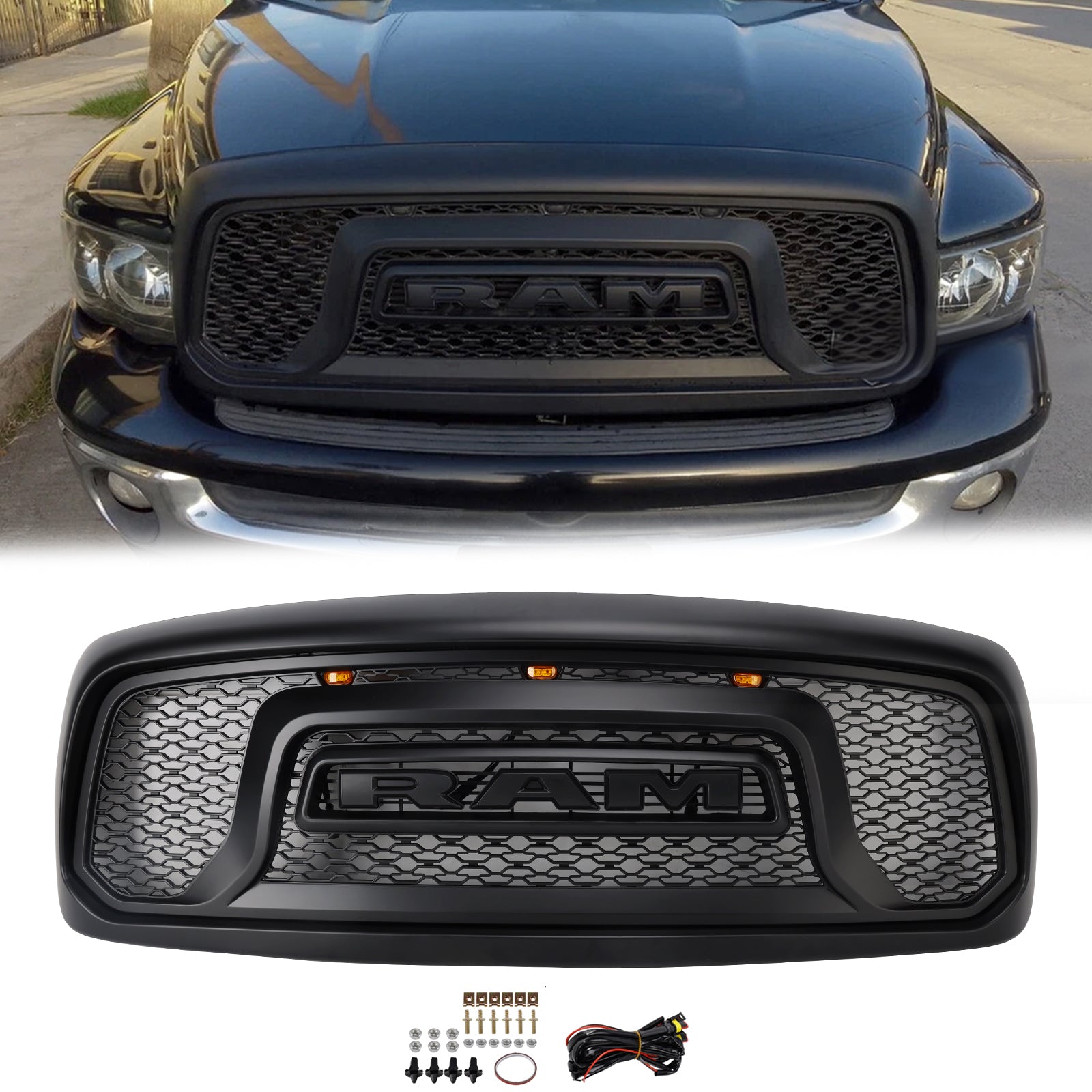 2002-2005 Dodge RAM 1500/2500/3500 Rebel Style Grill Front Bumper Black Replacement Grille W/ LED