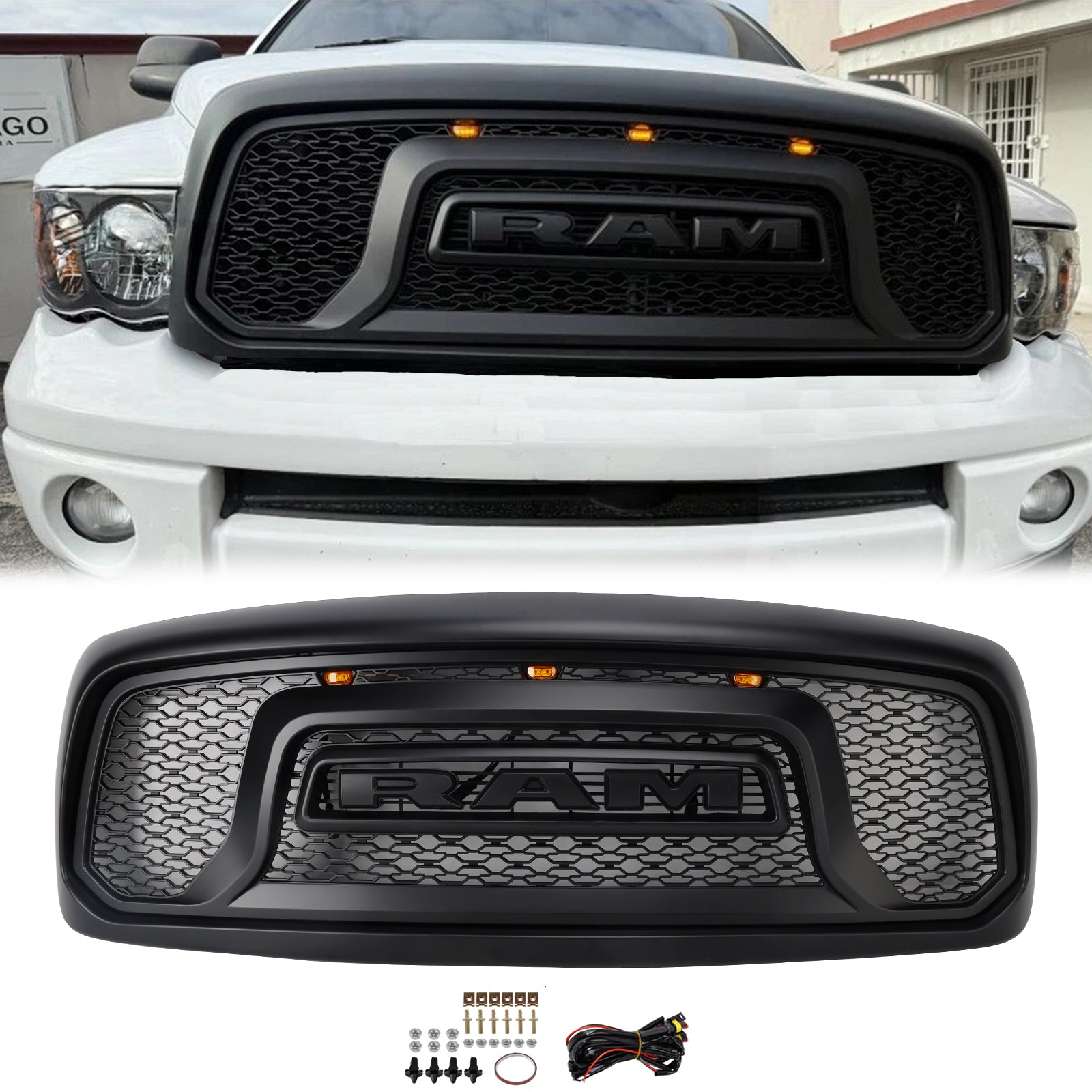 2002-2005 Dodge RAM 1500/2500/3500 Rebel Style Grill Front Bumper Black Replacement Grille W/ LED