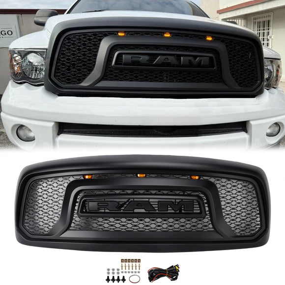 Dodge RAM 1500/2500/3500 2002-2005 Big Horn Style Grill Amortecedor dianteiro Grade de substituição preta COM/LED