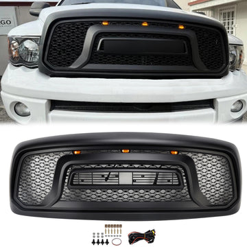 Griglia di ricambio nera per paraurti anteriore Dodge RAM 1500 Rebel Style 2002-2005 con LED + lettera RAM