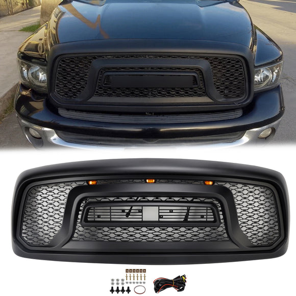 Dodge RAM 1500 2002–2005 Frontgrill Rebel Style Ersatz für obere Stoßstange, schwarzer Kühlergrill mit LED & RAM-Buchstabe