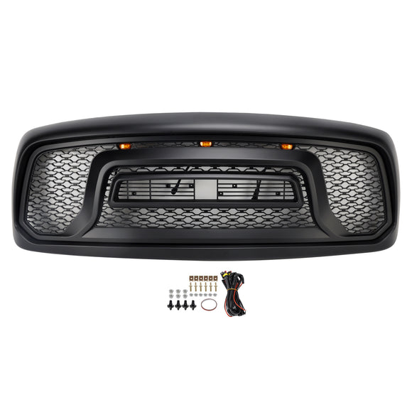 Dodge RAM 1500 2002–2005 Frontgrill Rebel Style Ersatz für obere Stoßstange, schwarzer Kühlergrill mit LED & RAM-Buchstabe