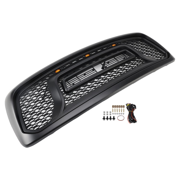 Dodge RAM 1500 2002–2005 Frontgrill Rebel Style Ersatz für obere Stoßstange, schwarzer Kühlergrill mit LED & RAM-Buchstabe