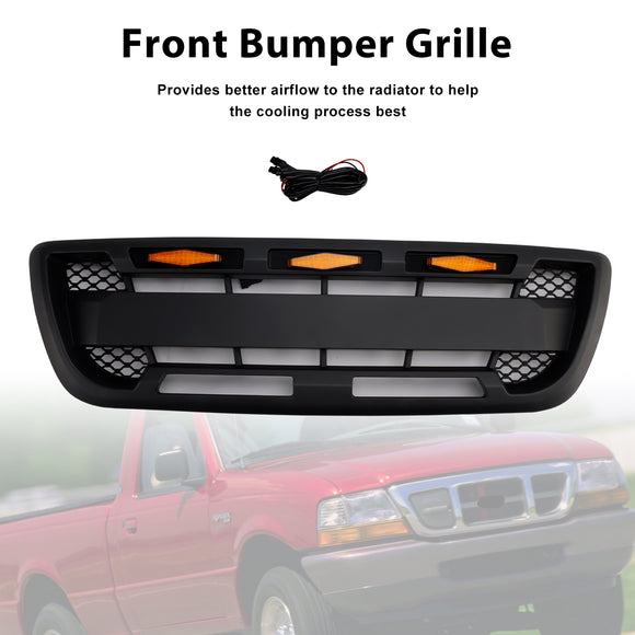 1998-2000 Ford Ranger Raptor Style Grill Black Front Bumper Replacement Grille W/ LED Light + FORD Letter